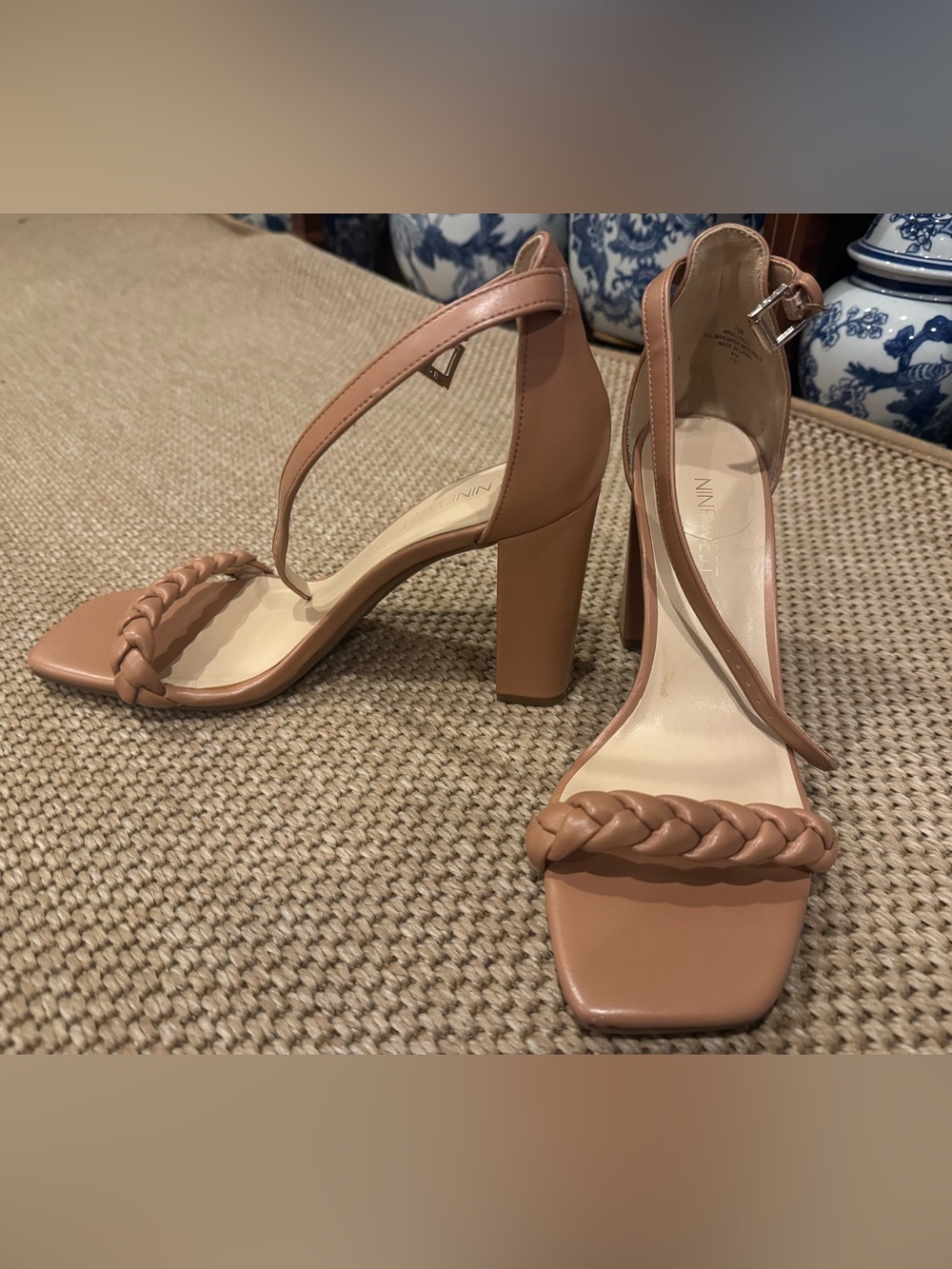 Nine West Braided Strap Block Heel Sandals — Nude Blush
